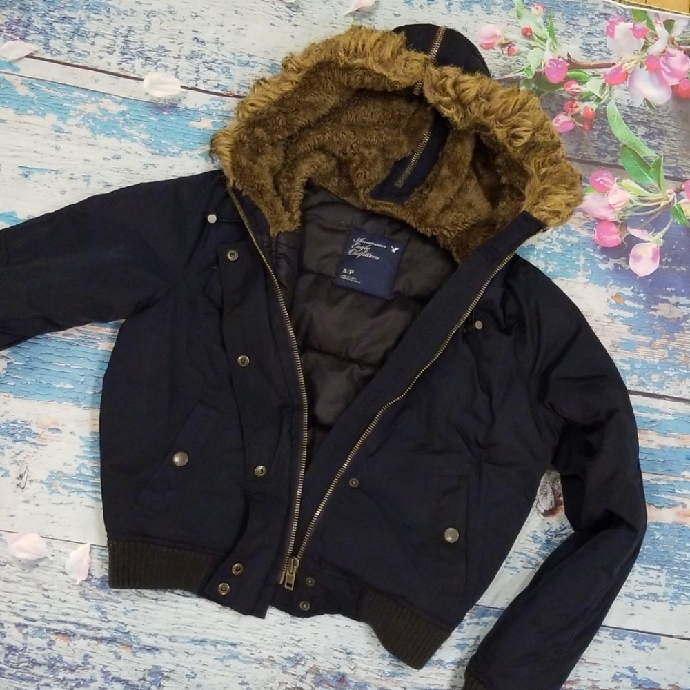 American Eagle Navy Coat With Fur Hood!